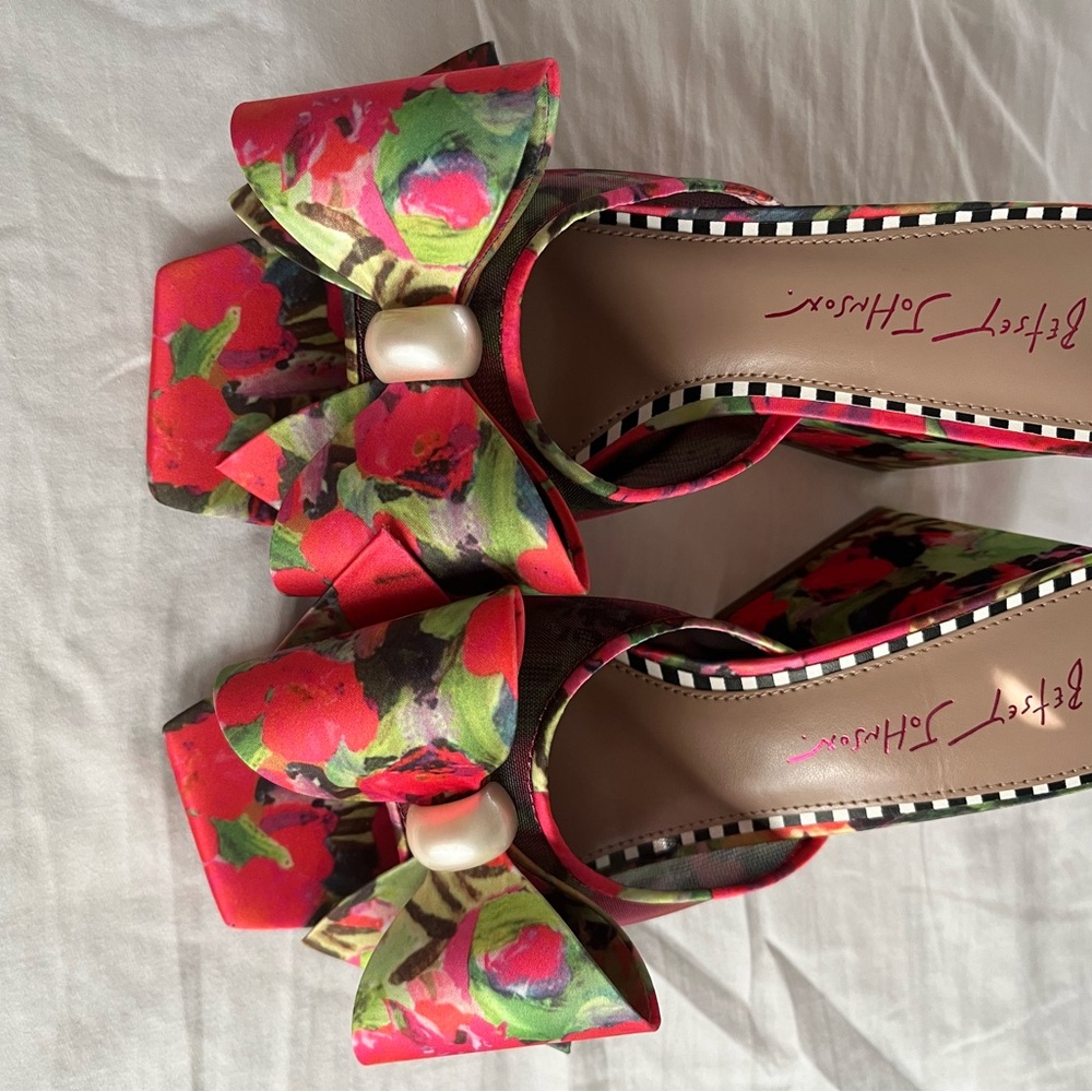 Betsey Johnson Red and Green Floral Heels